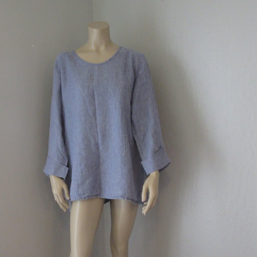 FLAX Blue Linen Pullover Medium 3/4 Sleeves Blouse